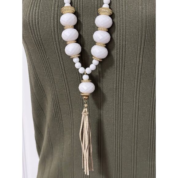 Plunder Women's Mary Jane White Beaded Cord Necklace Gold Accents Tassel BOHO - Picture 2 of 6
